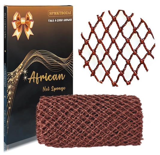 SPMKTBOZAI African Net Sponge Authentic, African Exfoliating Sponge Real African Net Black Owned, African Bath Sponge Back Scrubber, Body Exfoliator Shower Bath Accessories (Brown)