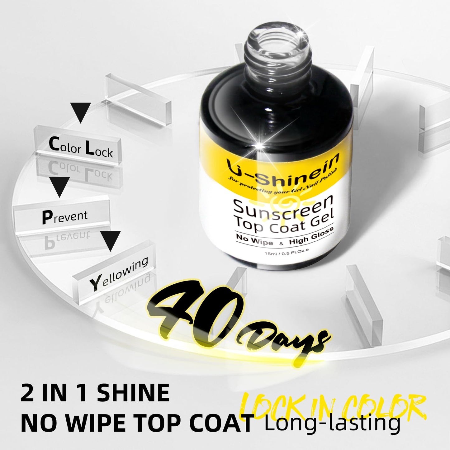 U-Shinein Shine UV Top Coat, 2 in 1 No Wipe Sunscreen Top Coat Gel, Glassy Clear Gel Keeps Nails From Yellowing or Staining, Requires UV Lamp