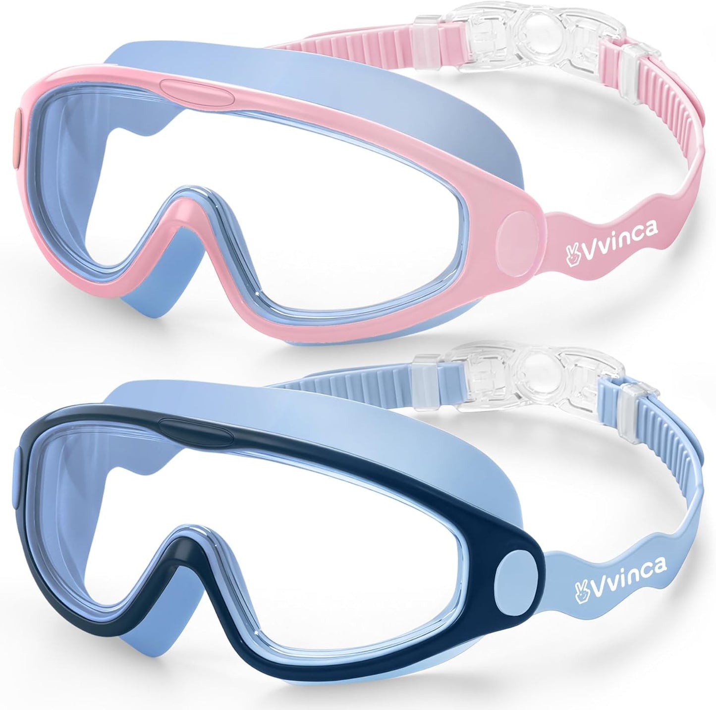 Vvinca Kids Swim Goggles - Anti-Fog, Leak-Free Design with Soft Wave-Shape Strap | 2 Pack for Ages 3-15
