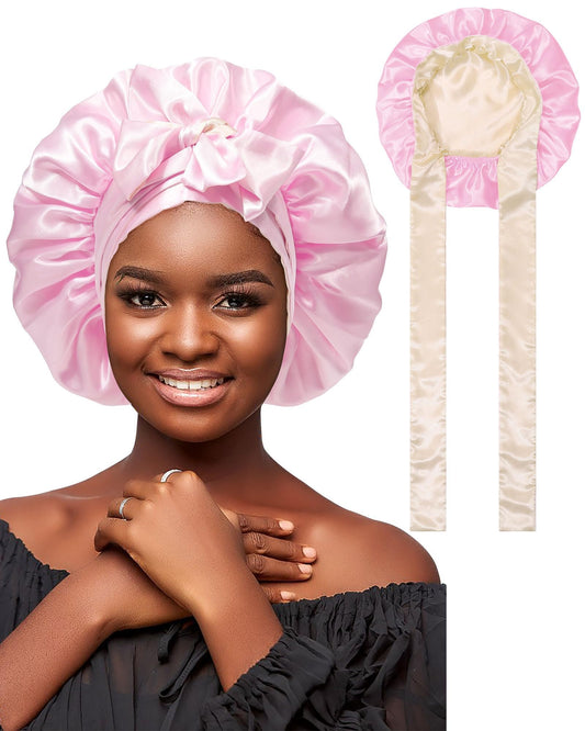 Satin Bonnet Silk Hair Bonnets for Women Curly Hair Wrap for Sleeping Cap Reversible Bonnet with Tie Band Night Cap Double Layer Sleep Cap for Curly Hair (Champagne +Pink)