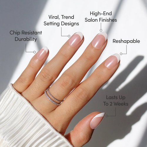 Glamnetic Press On Nails - She's A Pearl | Short Round White French Tip Fake Nails, Salon Quality French Manicure | 12 Sizes - 30 Nail Kit with Glue