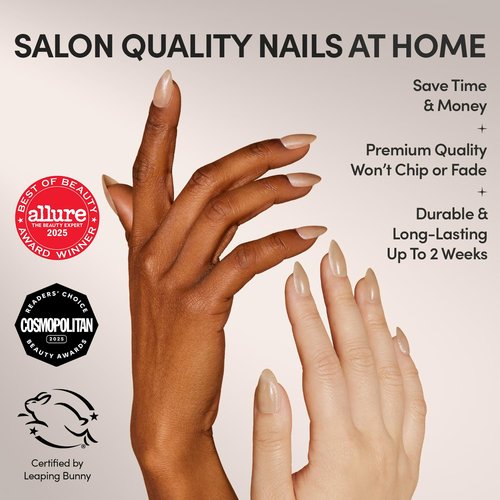 Glamnetic Press On Nails - Honey Bun | Trendy Neutral Nude Velvet Sparkly Short Almond Fake Nails, Salon Quality | 15 Sizes - 30 Nail Kit with Glue