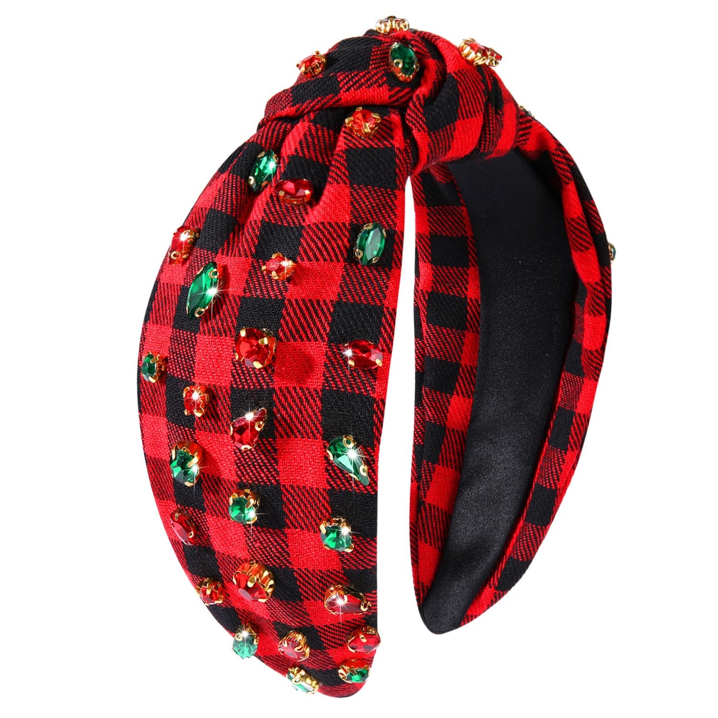 CEALXHENY Christmas Headband Accessories for Women Red Green Rhinestone Crystal Knotted Headband Jeweled Xmas Plaid Wide Top Knot Headband Christmas Outfits Holiday Gifts (Christmas 1)