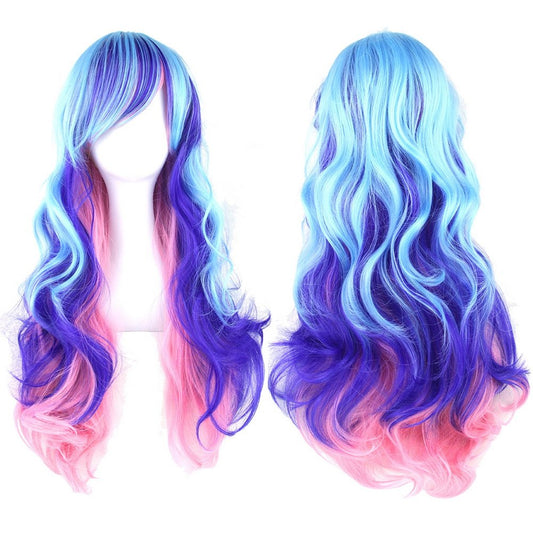 Straightened length 27.6" Wig mixed color Long Curly Wavy Hair Women and Girl Cosplay Party Costume Wig(Light cyan, purple, pink)