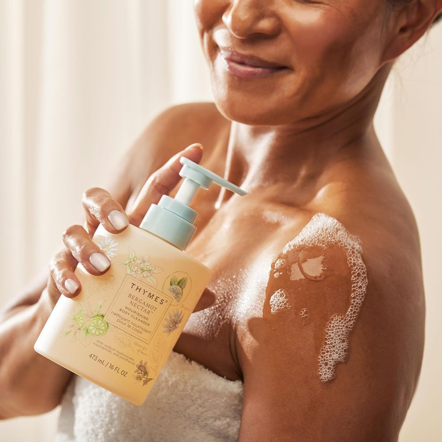 Thymes Nourishing Body Cleanser - Hydrating Body Wash with Pump - Bergamot Nectar, 16 fl oz