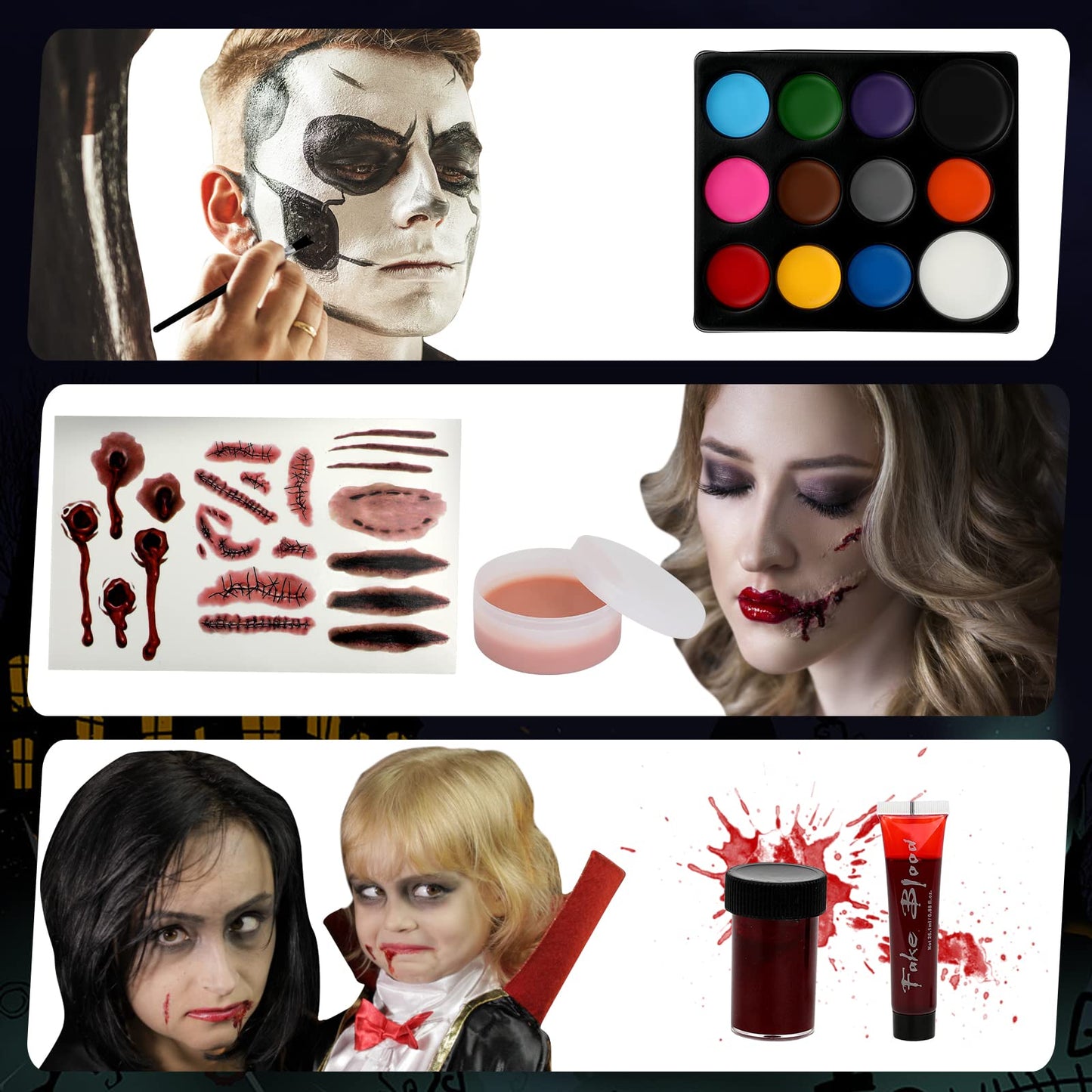 Halloween Makeup - Halloween Family Face Painting Kit Face Body Paint for Adult and Kids, All in 1 Halloween Makeup Set Face Paint with Fake Blood for Halloween Party Supplies