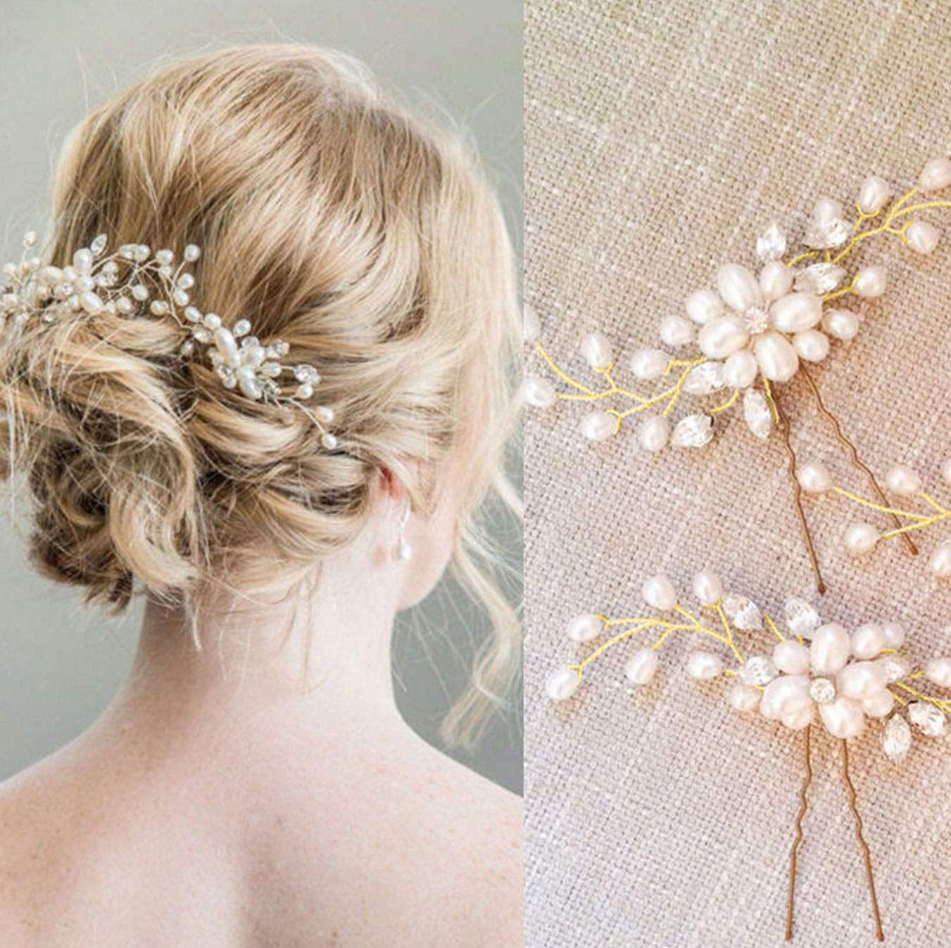 Shegirl Bridal Wedding Hairpin Delicate Pearl Rhinestone Hair Jewelry Manual Gold Headpiece Wedding Accessories for Bridal and Women 2PCS (Gold)