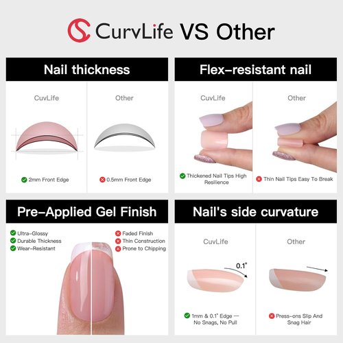 CurvLife Press-On Nails - Short Square Acrylic with Apricot Design | Glossy Nude Full Cover (Bright Pink)