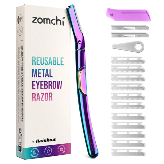 ZOMCHI Dermaplane Razor - Premium Facial & Eyebrow Razor with Metal Handle | 11 Blades, Rainbow Finish