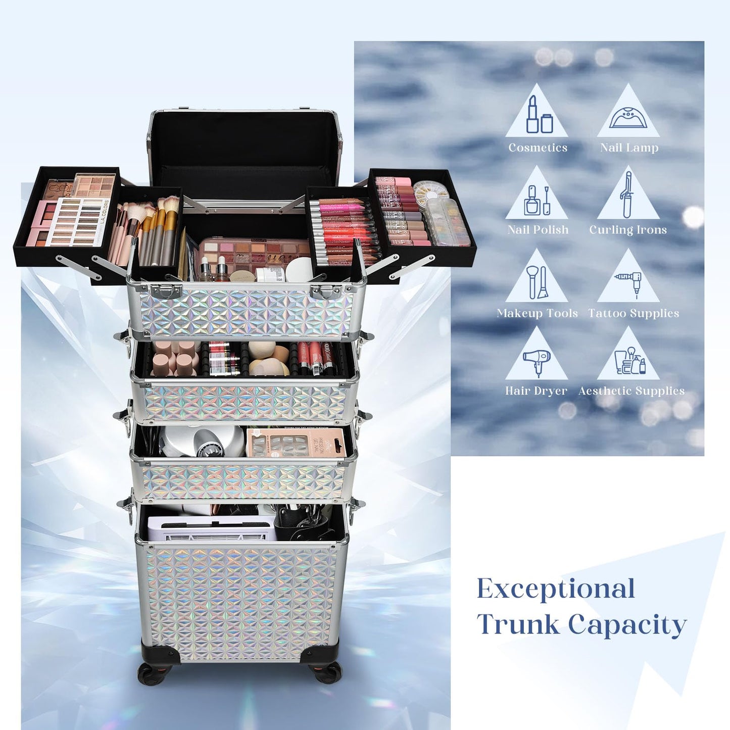 Stagiant Rolling Makeup Train Case Large Storage Cosmetic Trolley 4 in 1 Large Capacity Trolley Makeup Travel Case with Key Swivel Wheels Salon Barber Case Traveling Cart Trunk Shiny Silver