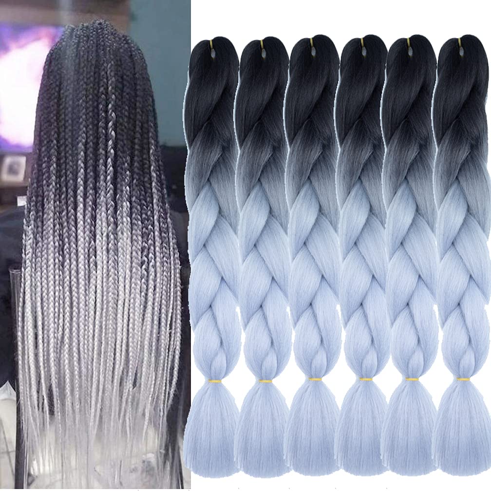 Xiaofeng Braiding Hair Extensions for Women 6 Packs 100g/Pack 24Inch High Temperature Ombre Jumbo Synthetic Braiding Hair for Twist Crochet Braids (24 Inch, black-silver gray)