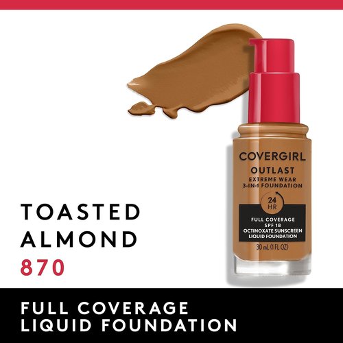 Covergirl Outlast Extreme Wear Liquid Foundation - Full Coverage, SPF 18, Toasted Almond, 1 Fl. Oz.