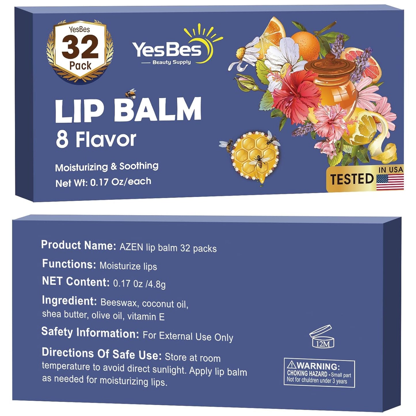 Skiennix 32 Pack Lip Balm | Natural Moisturizing Formula with Vitamin E & Coconut Oil - 8 Flavors for Dry Lips