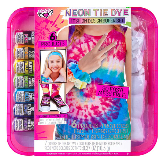 Fashion Angels Neon Tie Dye Fashion Design Super Set for Tweens and Kids to Create 6 Easy and Mess Free Projects, All-in-one Art Activities Set with 6 Tie Dye Colors to Create Tie Dye Socks, Tank Top, Hair Scrunchies, Shoelaces, Headband