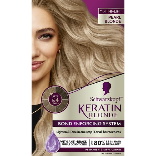 Schwarzkopf Keratin Blonde Hair Dye, 11.4 High Lift Pearl Blonde, Professional Quality Permanent Hair Color, Bond Enforcing System, Pre-Color Serum & Purple Conditioner Included