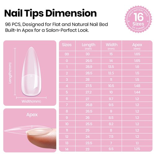 Beetles Tipex Lite Instant Apex Nail Tips, Medium Stiletto, 16 Sizes | 00–14, Built-in Apex Acrylic Tips for Flat & Natural Nail Beds, Beginner-Friendly Easy DIY Nail Extensions