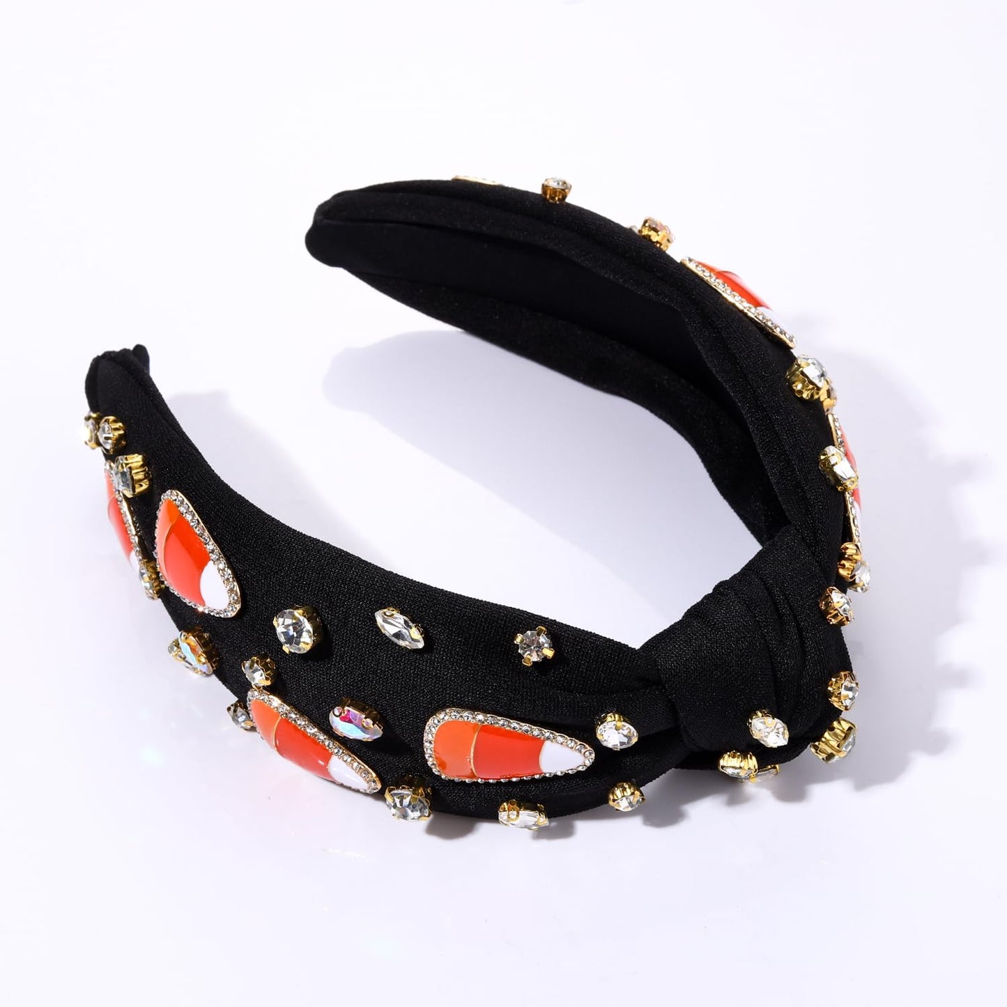 Halloween Headbands Rhinestone Knotted Headband for Women Crystal Spider Candy Corn Jeweled Embellished Wide Top Knot Hairband Halloween Cosplay Party Hair Accessories (Candy Corn Knot Hairband)