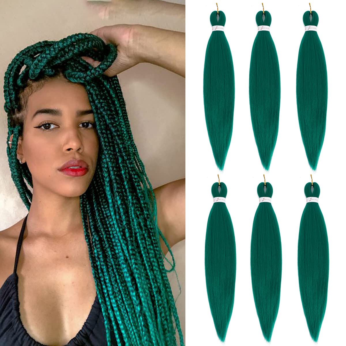 Green Braiding Hair Pre Stretched Green EZ Braiding Hair 6 Packs/Lot 26 Inches Yaki Texture Braiding Hair Hot Water Setting Synthetic Fiber for Crochet Hair Extensions (#Green)