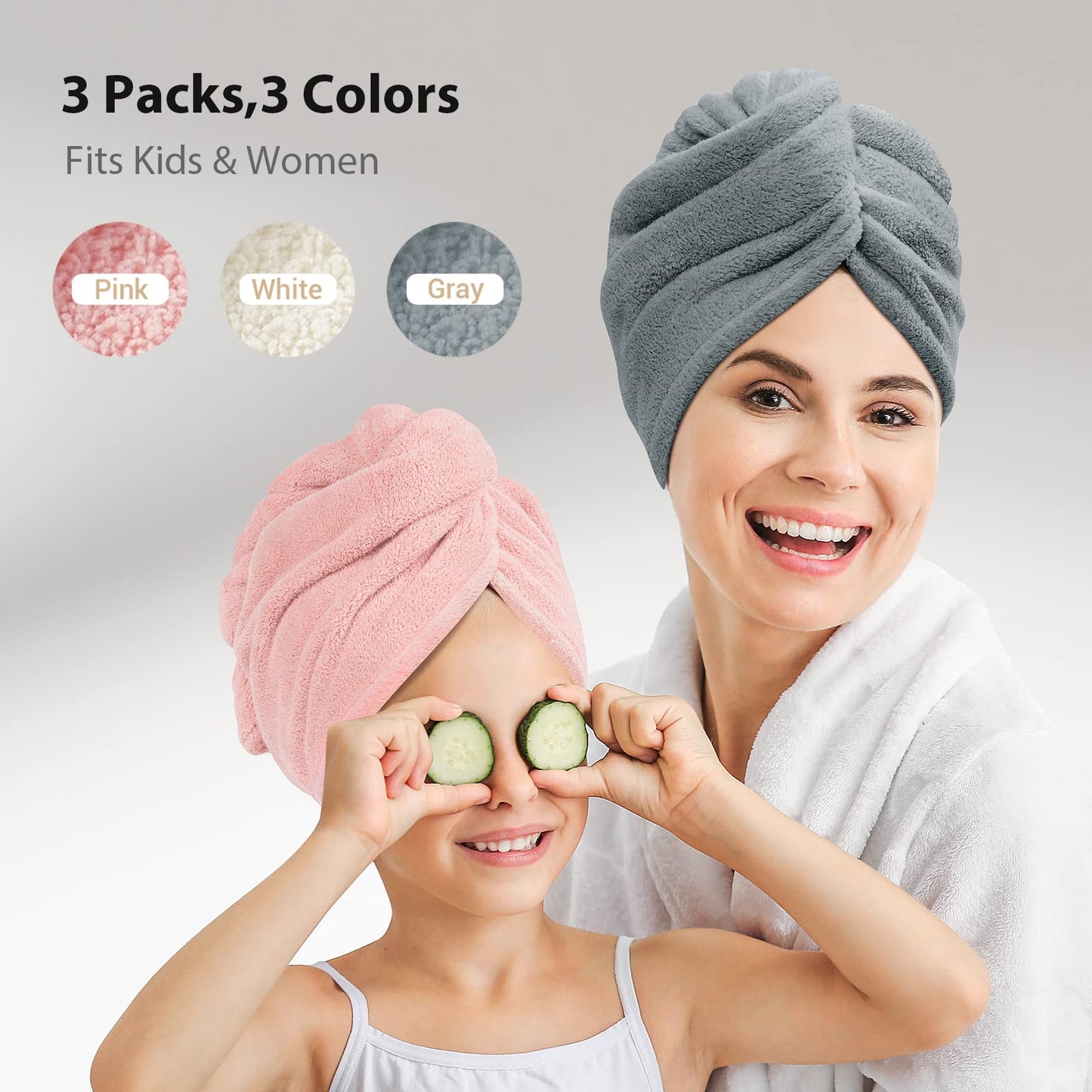 YFONG Microfiber Hair Towel 3 Pack, Hair Towel with Button, Super Absorbent Hair Towel Wrap for Curly Hair, Fast Drying Hair Turban Towel for Women, Anti Frizz Microfiber Towel