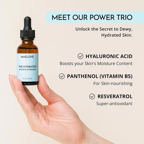 MAELOVE Hydrator Serum - Hyaluronic Acid & Resveratrol for Dewy Skin | 1.0 fl oz, Lightweight & Non-Greasy