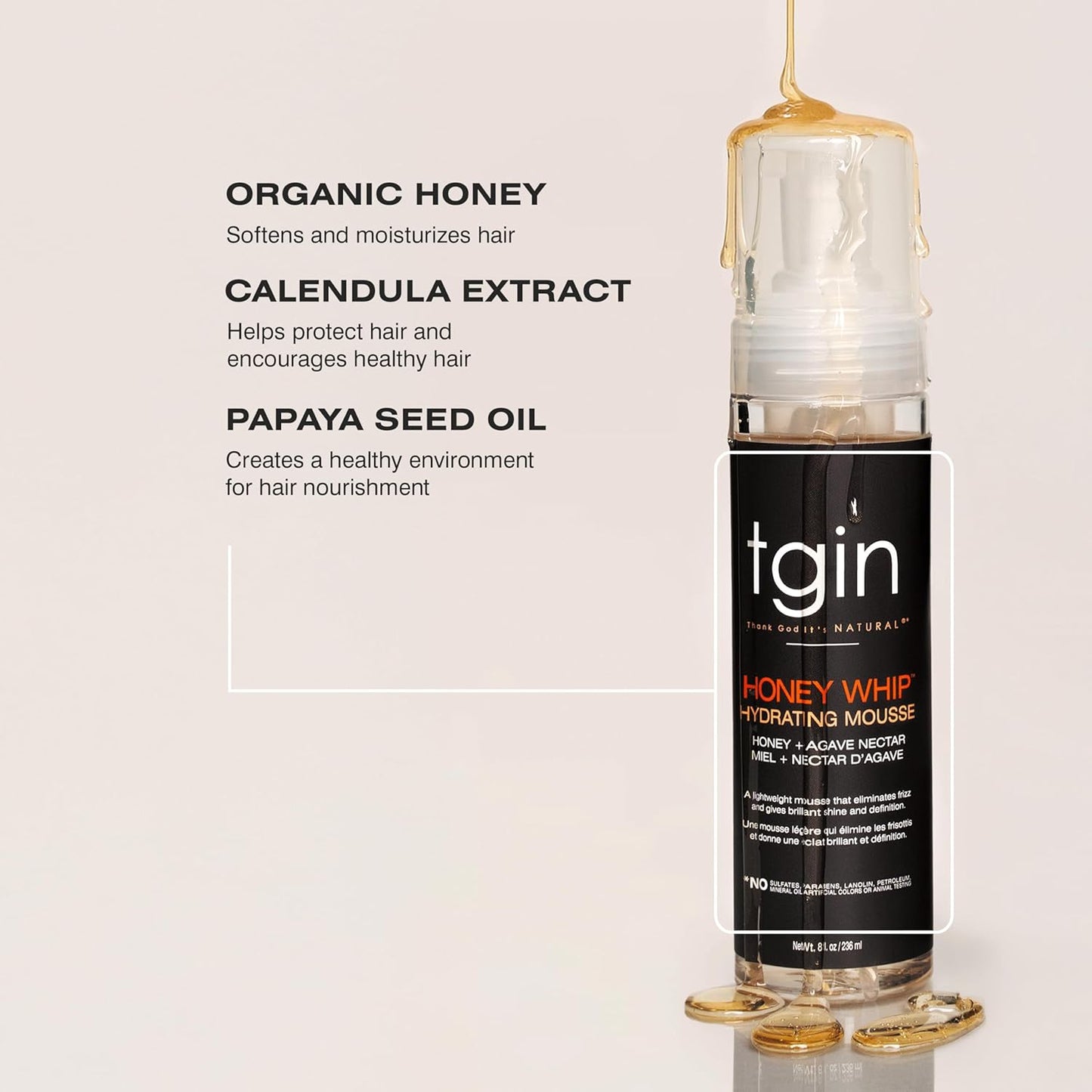 TGIN Honey Whip Hydrating Mousse - Nourishing Formula for Natural, Curly, and Dry Hair | 8 Oz