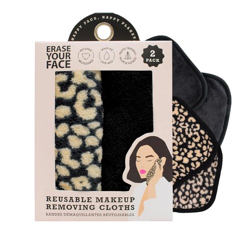 ERASE YOUR FACE Reusable Makeup Remover Cloths - Water Activated Microfiber Towels for Sensitive Skin - Black & Animal Print (2 Count)
