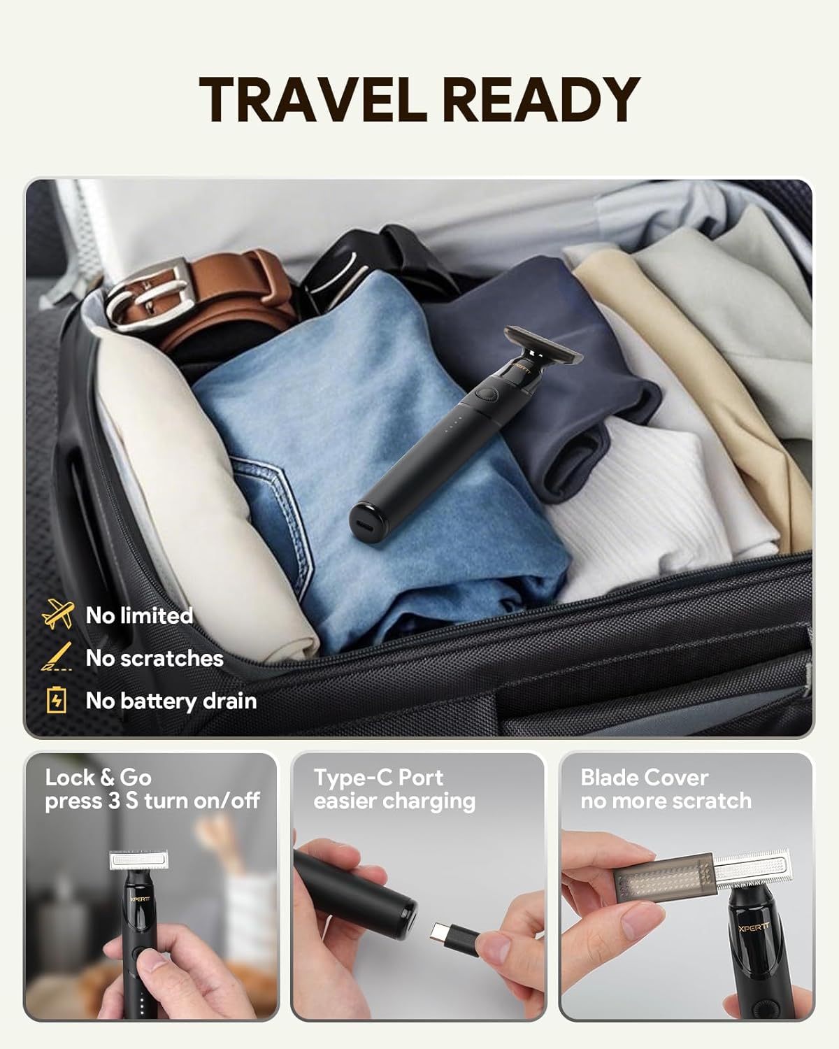 Xpert T Electric Beard Trimmer & Shaver - Integrated Magnetic Design, Travel Case Included, Adjustable Combs, Black