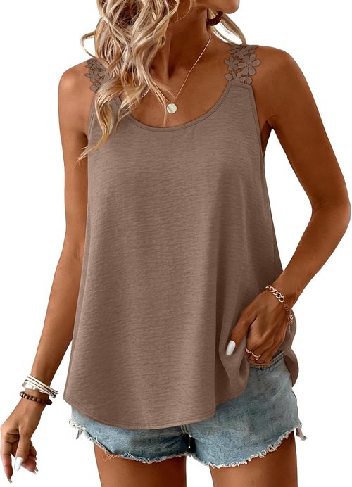 OFEEFAN Women's Tank Top - Loose Fit Crew Neck Sleeveless Camisole with Lace Detail | Summer Curved Hem