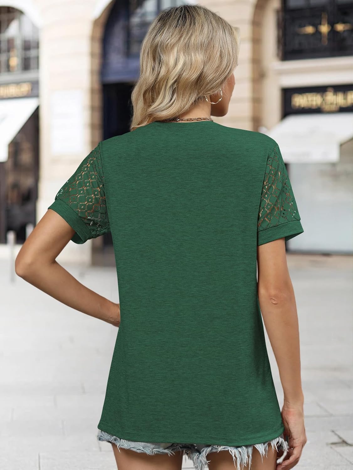 Skiennix Women's Casual Crewneck Lace Sleeve T-Shirt - Stylish Summer Beach Blouse 2026