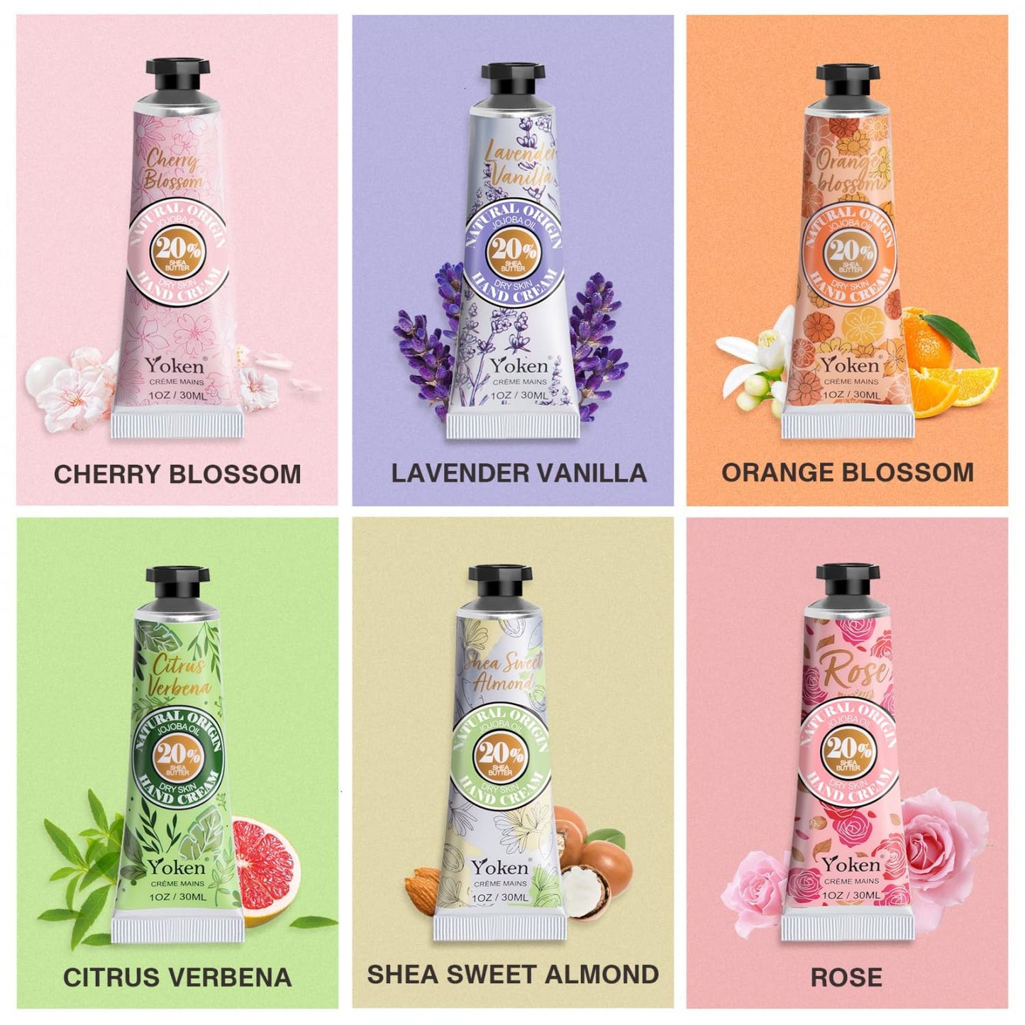 Yoken 20% Shea Butter Hand Cream Gift Set - Nourishing Moisturizing Creams for Dry Hands | 6-Piece Tin Set (Almond, Citrus Verbena & Floral, 6 x 1 OZ)