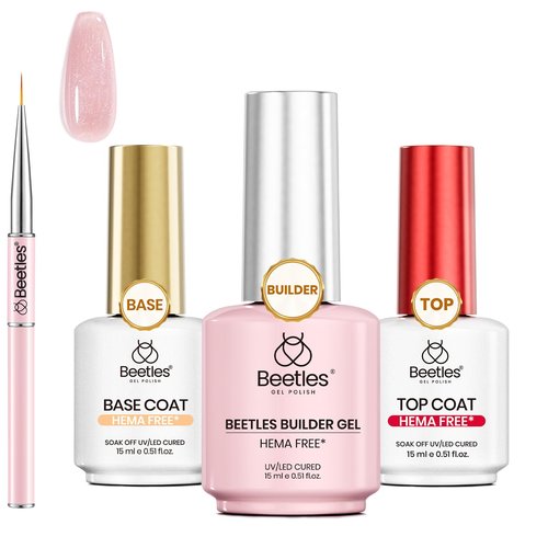 Beetles HEMA Free Builder Gel for Nails, 3 Pcs Glitter Pink Builder Nail Gel with Gel Top and Base Coat Set for Gel Polish Long Lasting Strengthening Safe Low-Sensitivity Formula Nail Gifts for Women