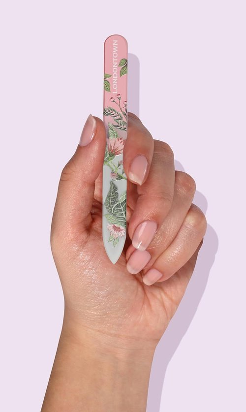 LONDONTOWN Double-Sided Glass Nail File - Professional Etched Crystal Manicure Tool with Case Pouch