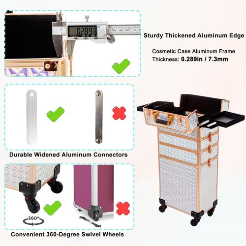 AROUS 5 in 1 Professional Makeup Train Case Aluminum Cosmetic Case Rolling Makeup Case Extra Large Trolley Makeup Travel Organizer, with 360° Swivel Wheels, White and Gold, JG0001
