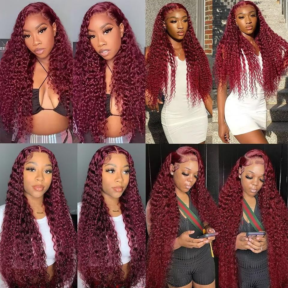 Skiennix 24-Inch 99J Burgundy Deep Wave Wig - HD Transparent Lace Front, 180 Density, Pre-Plucked