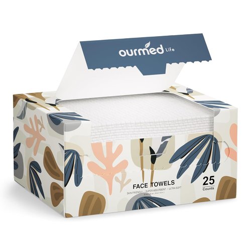 Ourmed Life Face Towels - Biodegradable Disposable Facial Towels for Sensitive Skin | 10"×12", 25 Count