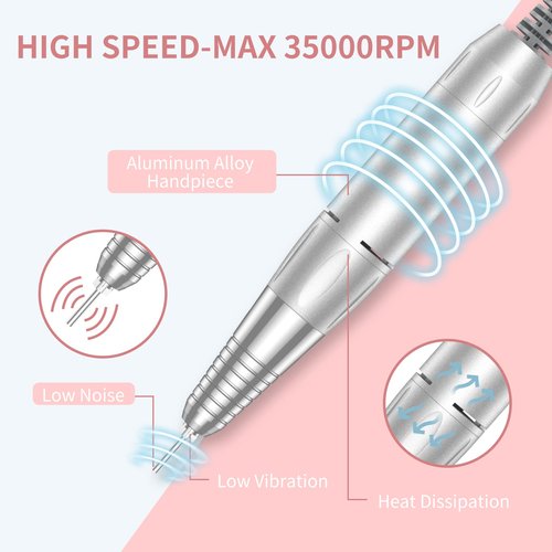 MOCOWIND Portable Nail Drill Professional 35000 RPM, Rechargeable Electric Nail File Machine Cordless E-File for Acrylic Gel Polishing Removing with Bits Kit for Manicure Salon Home, Pink