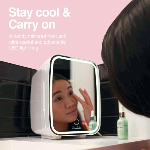 Cooluli Glow 4L Mini Skincare Fridge with Mirror & LED Light - Small Refrigerator for Skin Care, Beauty, Makeup, Cosmetics, Food & Drinks, White