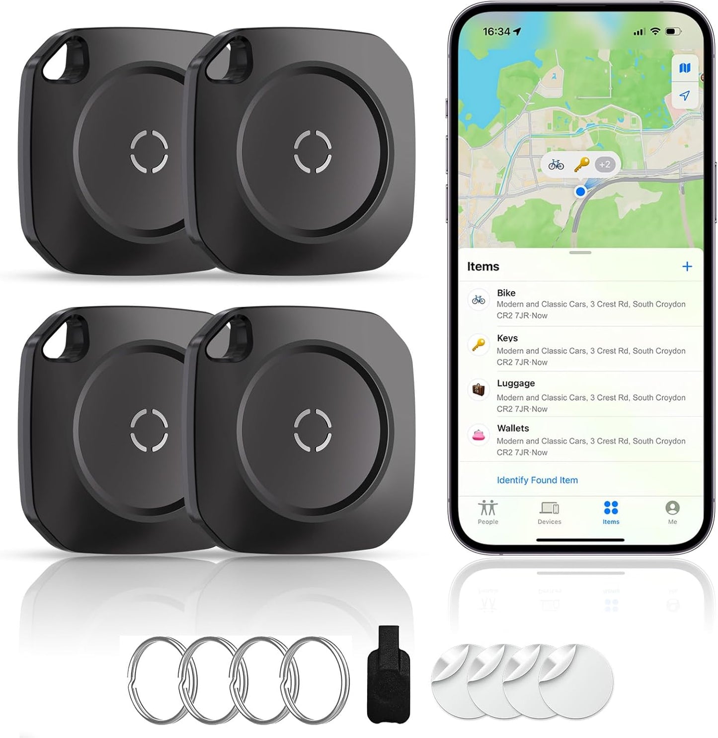 weTag Air Tracker Tag | 4-Pack Smart Bluetooth Luggage Tracker with Replaceable Battery - Black