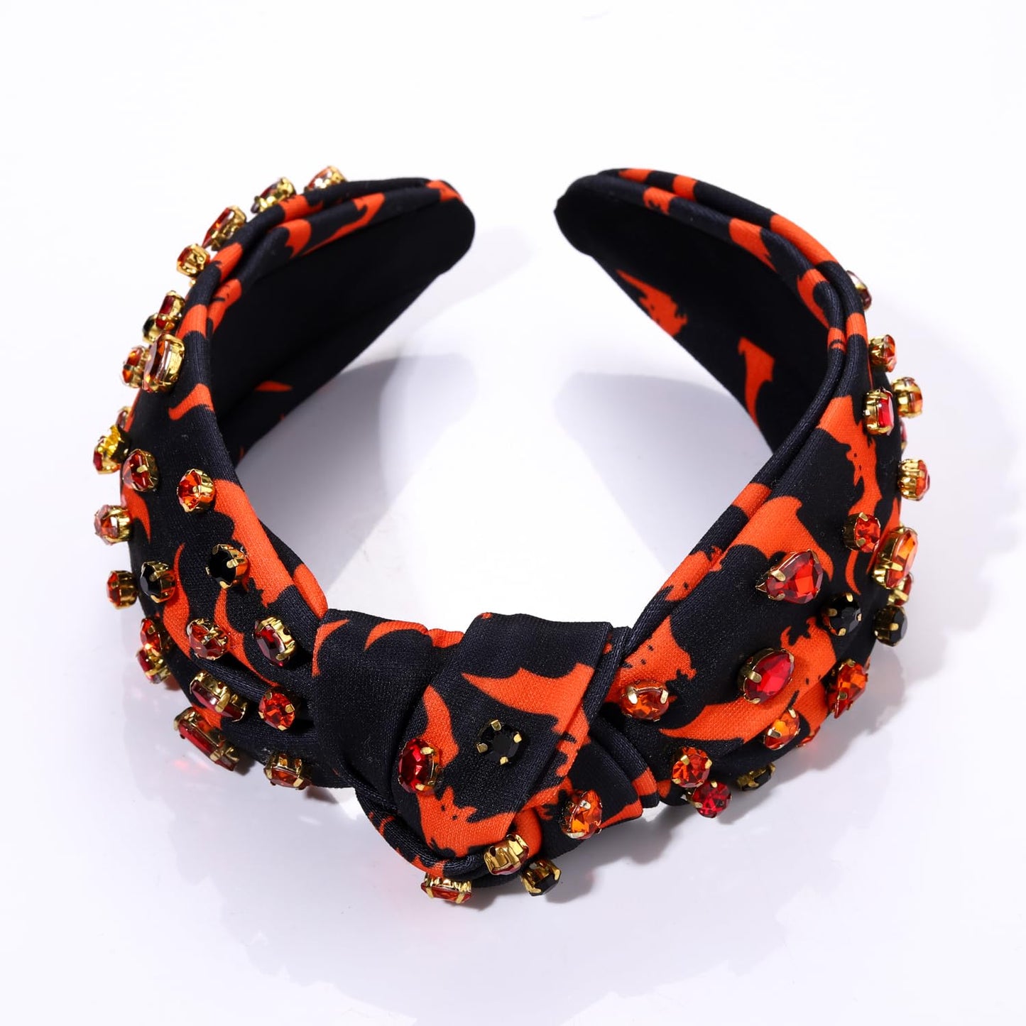 Halloween Headband for Women Pumpkin Witch Hat Charm Knotted Headband Pearl Crystal Embellished Skull Print Top Knot Hairband (E Bat Print Knotted23919)