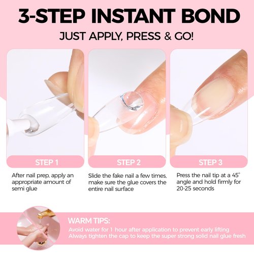 Super Strong Nail Glue for Press On Nails: 10g Semi Nail Glue with 12ml Glue Remover Kit, Quick Dry, No UV Lamp Needed with Gentle Non-Acetone Remover, Long Lasting for Acrylic Fake Nails Tips