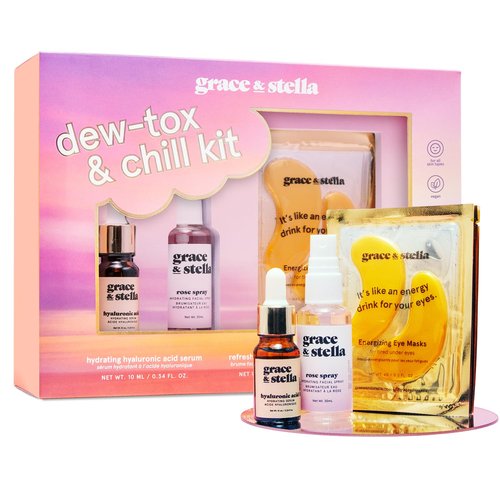 Grace & Stella Award-Winning Skin Care Set | Travel Essentials with Gold Eye Masks, Hyaluronic Acid Serum & Rose Spray - Perfect Gift for Mom, Birthdays & Bachelorette Parties