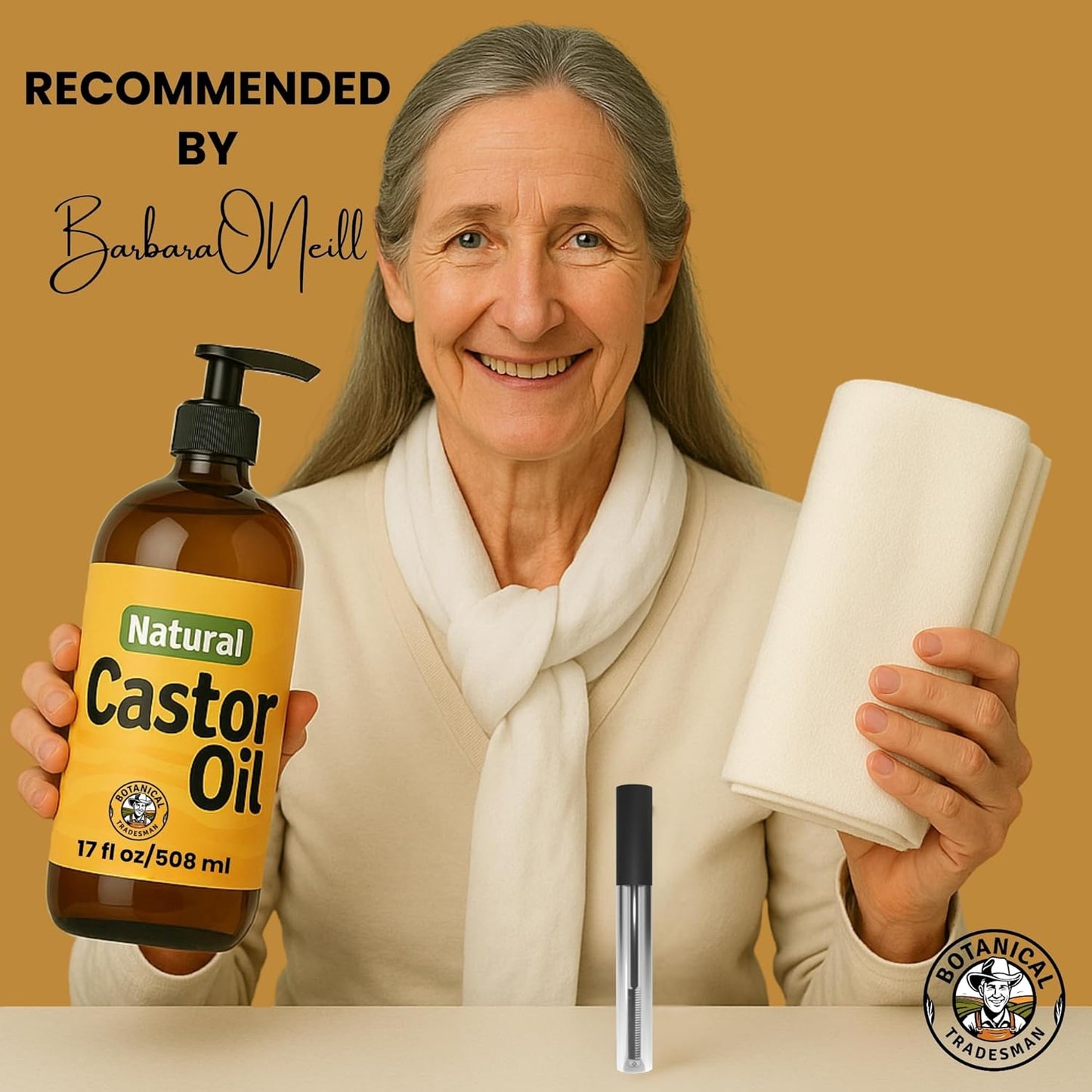 Skiennix Organic Castor Oil Kit - 100% Pure Cold Pressed, Hexane Free | 17oz Glass Bottle with 2 Reusable Cotton Flannel Wraps & Mascara Wand for Eyelashes, Eyebrows, Skin Care