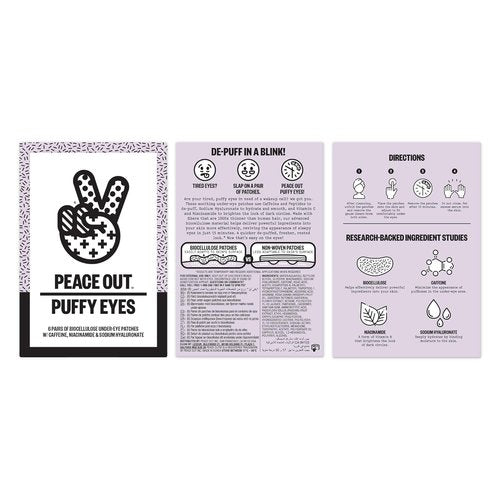 Peace Out Puffy Eyes Under Eye Patches - Biocellulose Mask with Caffeine & Niacinamide (6 Pairs)
