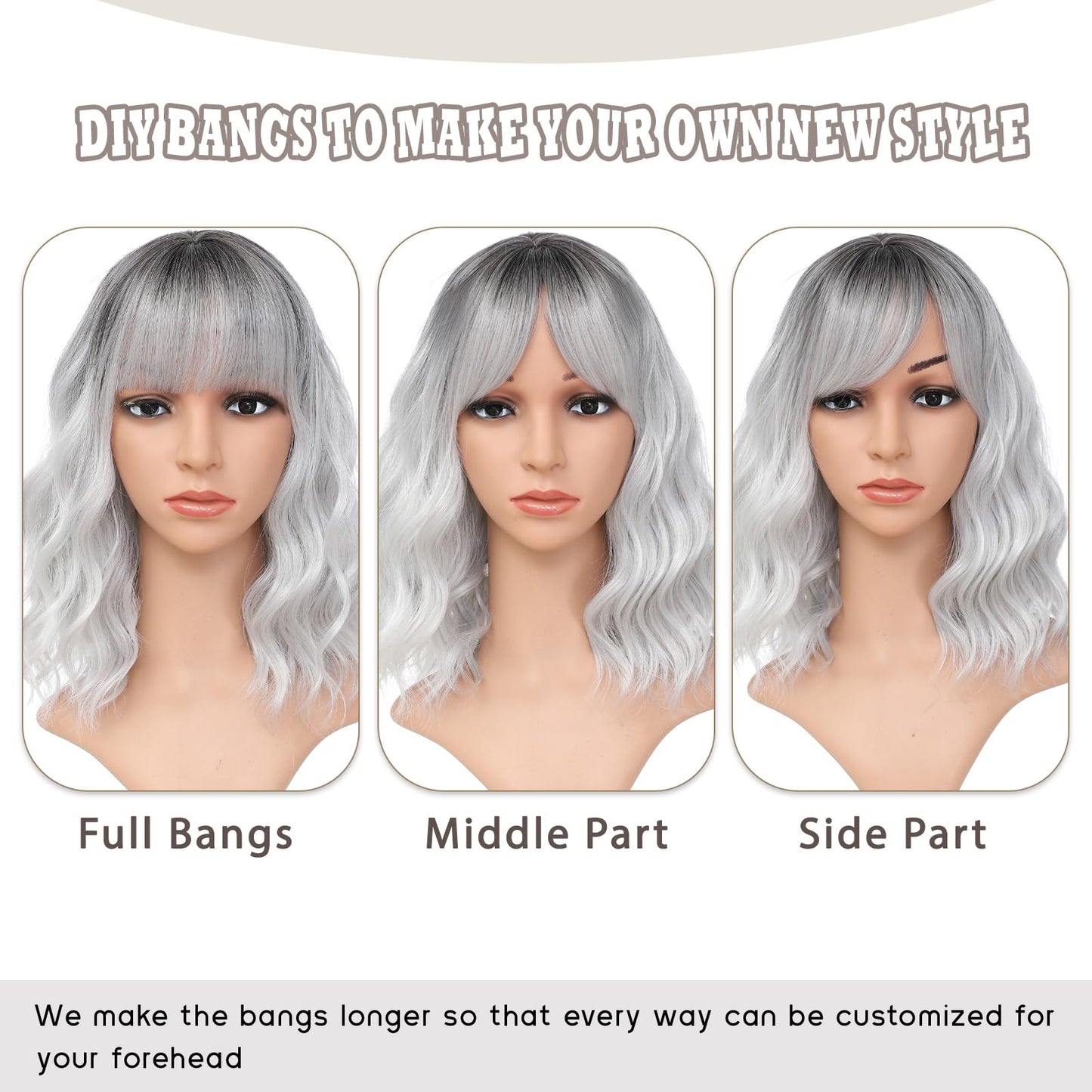 BEAUTIFA Silver Gray Wig with Bangs for Women 14 Inch Shoulder Length Short Bob Wavy Curly Wig White Grey Wig Heat Resistant Synthetic Wigs