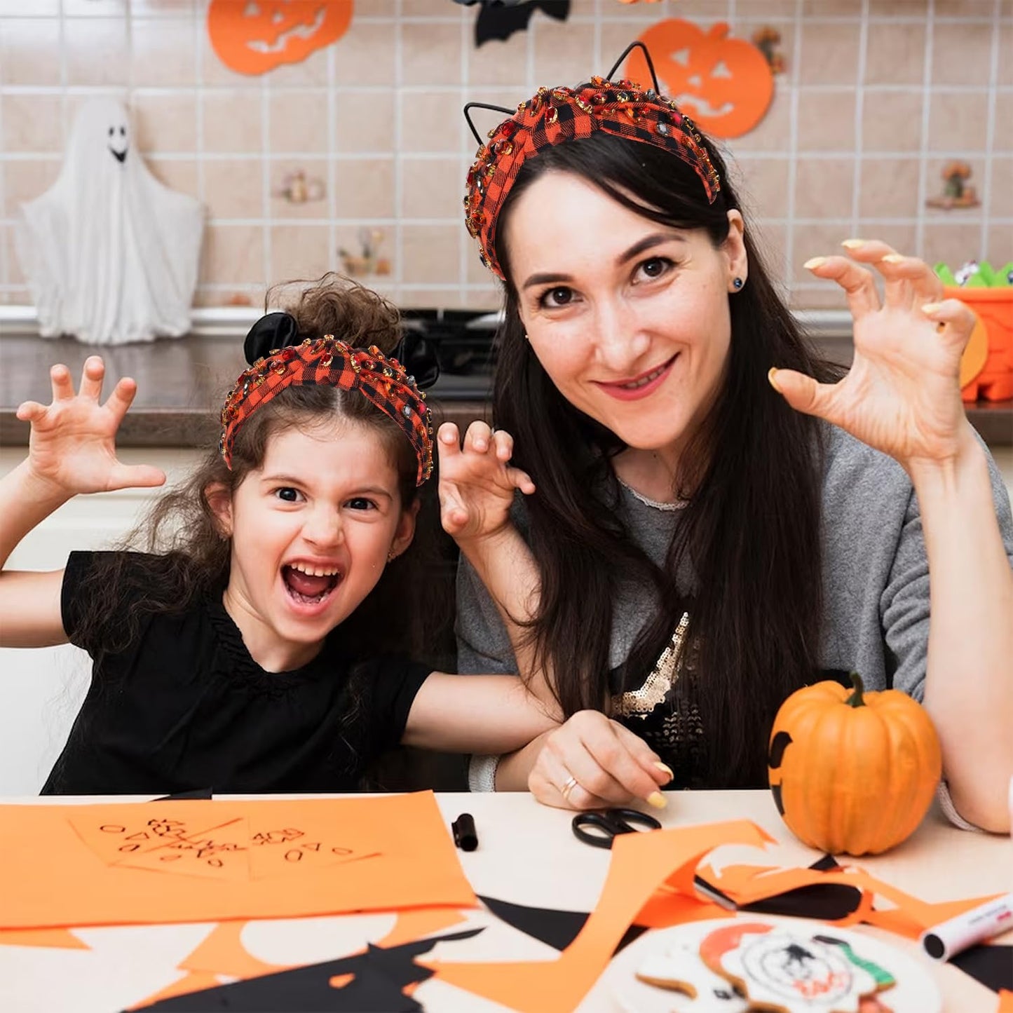 Halloween Headband for Women Rhinestone Crystal Knotted Headband Embellished Orange Black Plaid Top Knot Headband Gothic Spooky Halloween Hair Accessories Outfits Costume Party Gifts (Halloween 1)