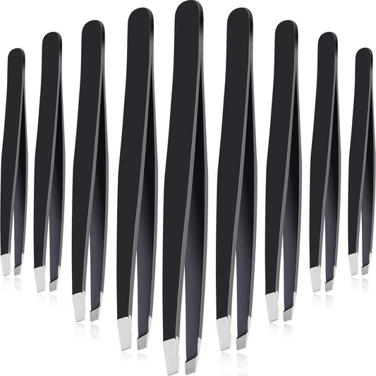 Mudder 12 Pcs Eyebrow Tweezers Set for Facial Hair Stainless Steel Slant Tip Tweezers in Bulk for Men and Women(Black)