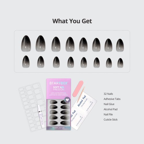 BTArtbox Press On Nails Short - Grave Shine, Sparkle Black Almond Press On Nails with Nail Glue, Soft Gel Glue On Nails in 16 Sizes - 32 Stick On Nails Kit