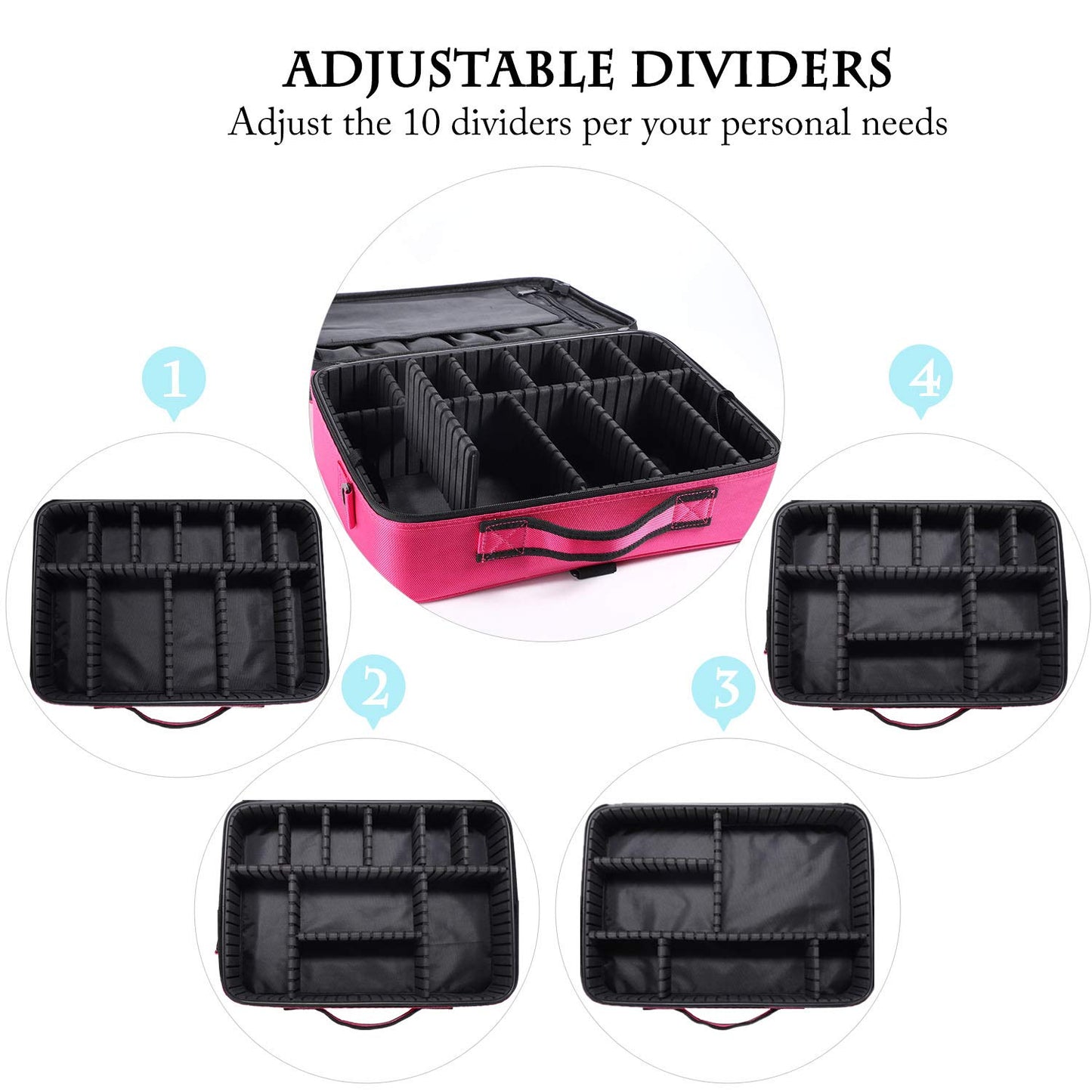 JOURMON Travel Makeup Case Portable Makeup Train Case Organizer Cosmetic Bag with Adjustable Dividers and Shoulder Strap for Makeup Brushes Toiletry Travel Accessories(Rose Red, L)