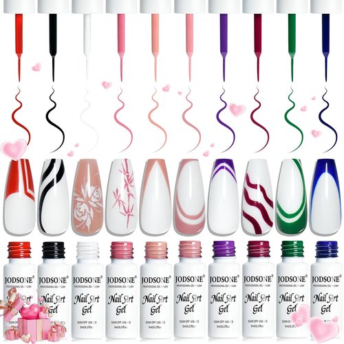 JODSONE 10pcs Nail Art Gel Liner Set,3D Nail Art Pens Effect for Fine Lines,Thin Brush Detail Polish,DIY Painted Nails at Home Salon,Liner Gel Nail Polish for Girls & Women