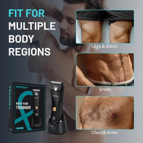 PRITECH Body Hair Trimmer for Men - Waterproof Ceramic Blade Electric Razor | USB-C Charging, Wet & Dry Use